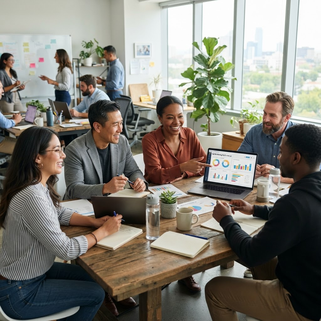 Professional business team reviewing marketing results together