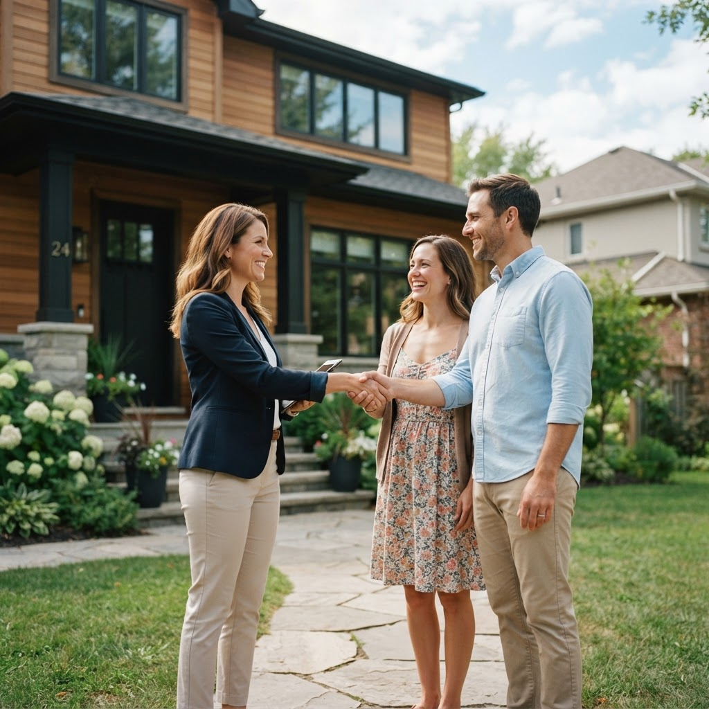 Business professional shaking hands with a happy homeowner in front of a house